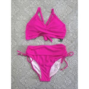 Blooming Jelly Womens Hot Pink High Waisted Bikini Set Ruched Wrap Top Size M